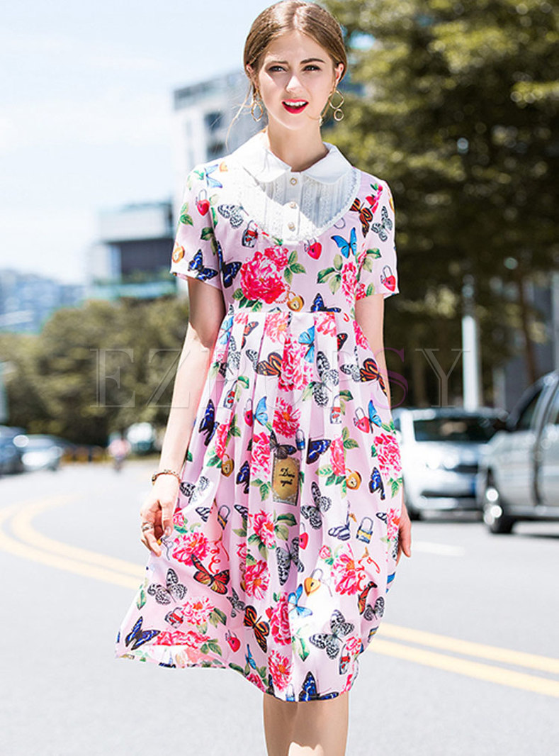 Butterfly Floral Print Lapel Pleated Dress